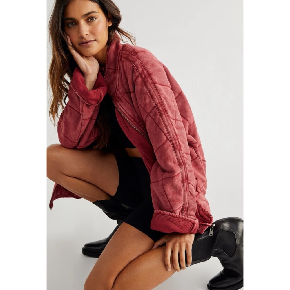 Free People Quilted Bomber Jacket Knitted Dolman Coat Cherry Juice XS - Picture 3 of 16